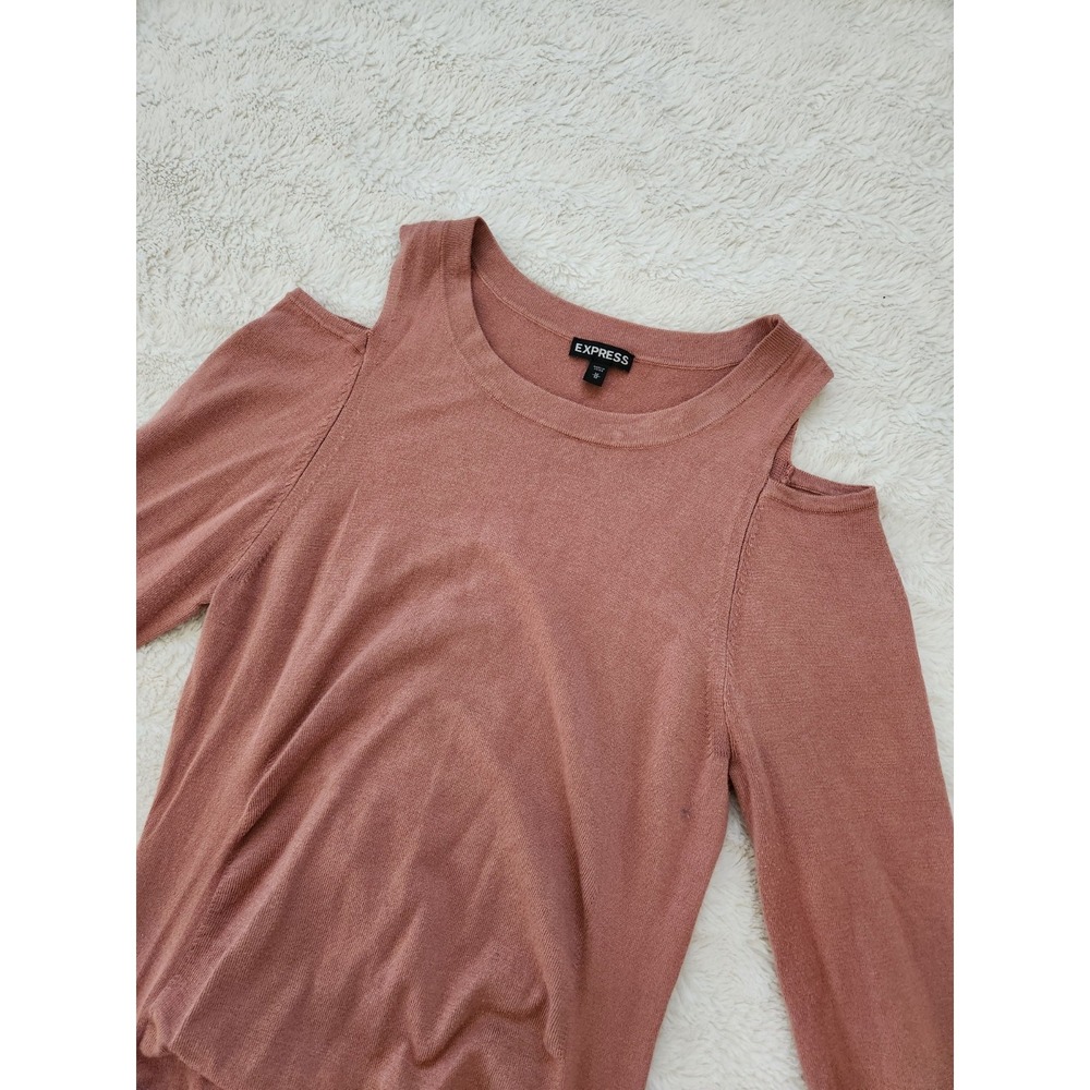 Express Womens Dress Size M Rust Knit Ruched Cold Shoulder Flared Sleeve Mini